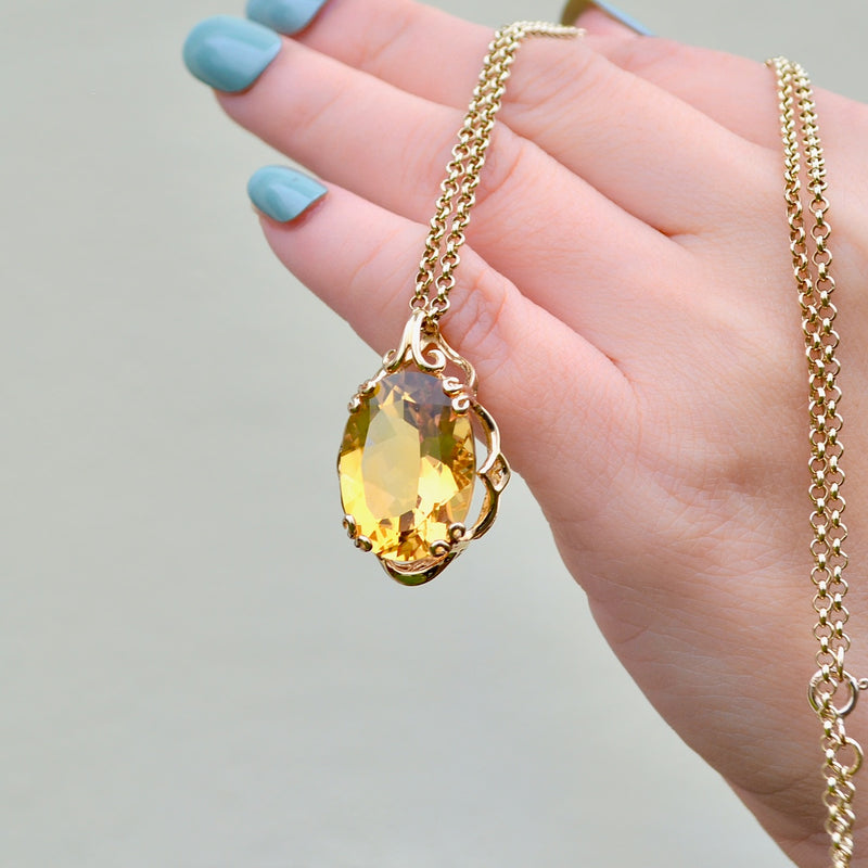 Vintage 2000s Large Citrine 9ct Yellow Gold Pendant & 9ct Yellow Gold Belcher Chain