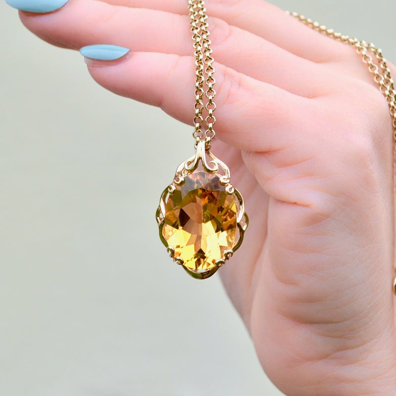 Vintage 2000s Large Citrine 9ct Yellow Gold Pendant & 9ct Yellow Gold Belcher Chain