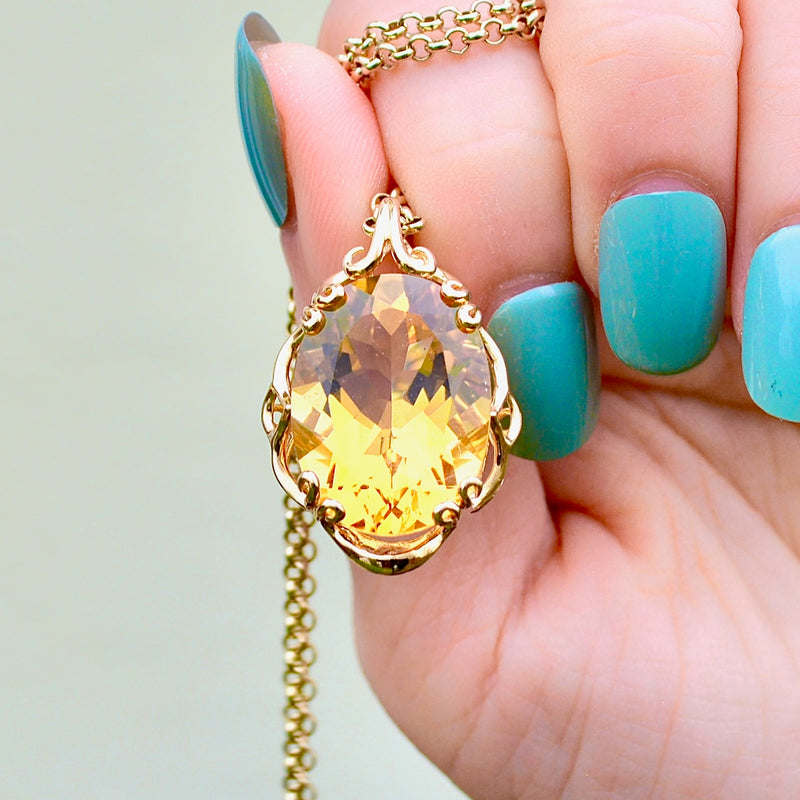 Vintage 2000s Large Citrine 9ct Yellow Gold Pendant & 9ct Yellow Gold Belcher Chain