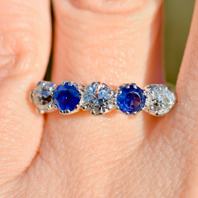 Edwardian Old European Cut Cornflower Blue Sapphire & Diamond Five-Stone Ring (1.90cts)