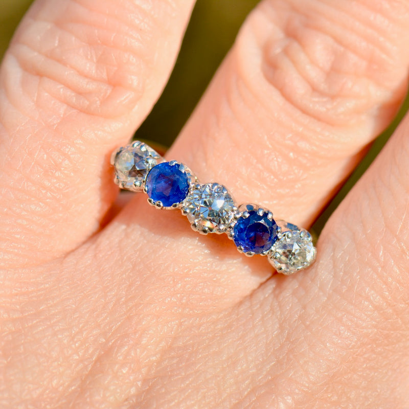 Edwardian Old European Cut Cornflower Blue Sapphire & Diamond Five-Stone Ring (1.90cts)