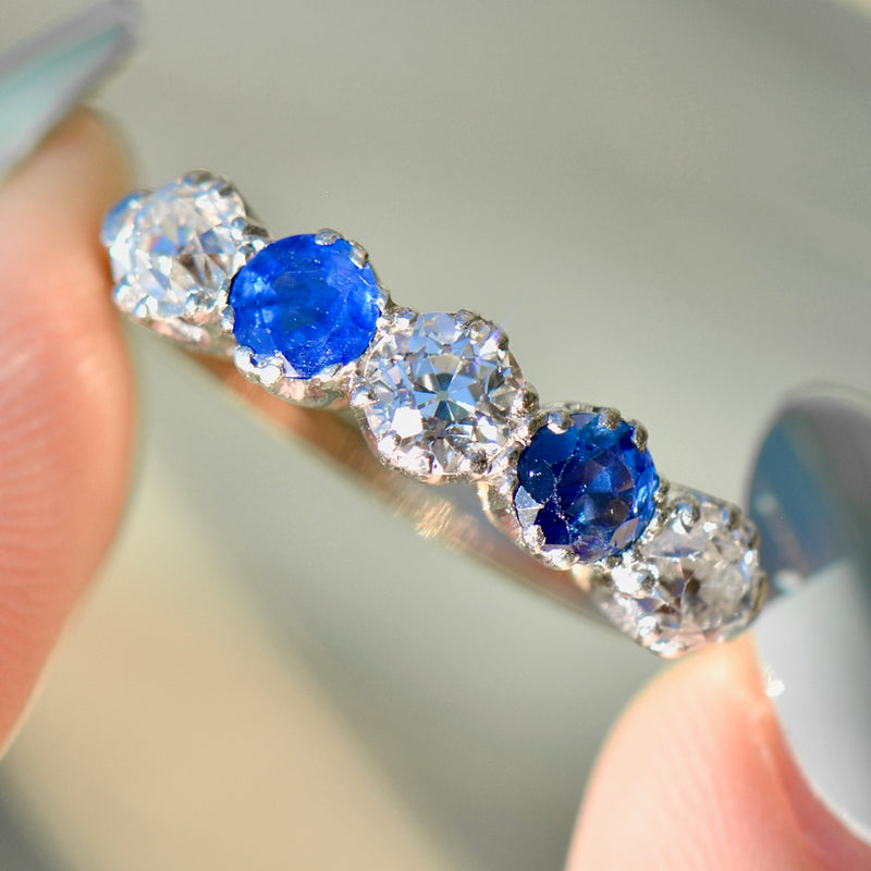 Edwardian Old European Cut Cornflower Blue Sapphire & Diamond Five-Stone Ring (1.90cts)