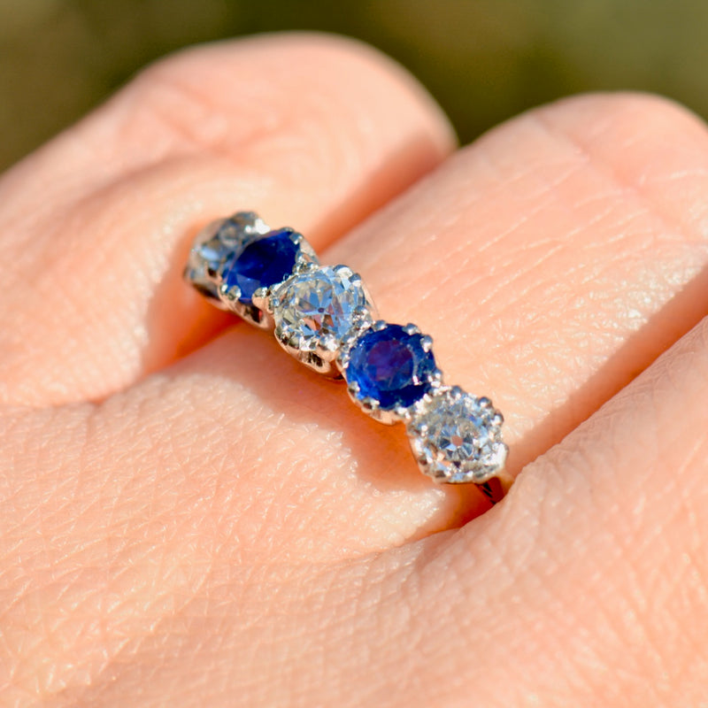 Edwardian Old European Cut Cornflower Blue Sapphire & Diamond Five-Stone Ring (1.90cts)