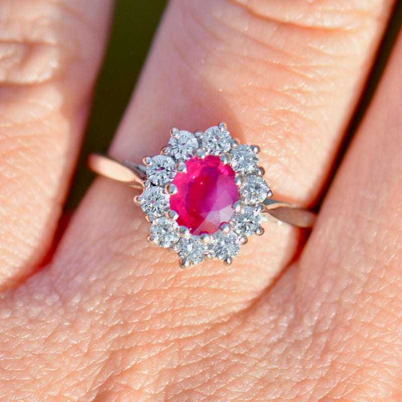 Vintage 2000s Ruby and Diamond 18ct White Gold Halo Ring (1.13cts)