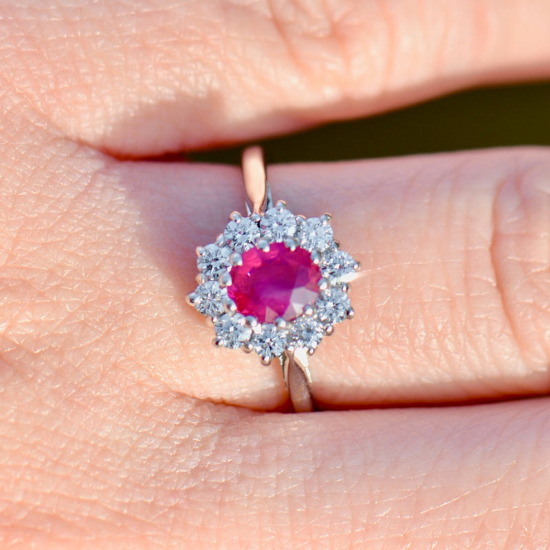 Vintage 2000s Ruby and Diamond 18ct White Gold Halo Ring (1.13cts)