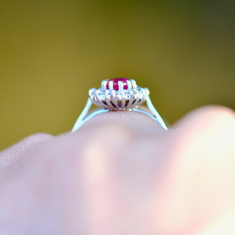 Vintage 2000s Ruby and Diamond 18ct White Gold Halo Ring (1.13cts)