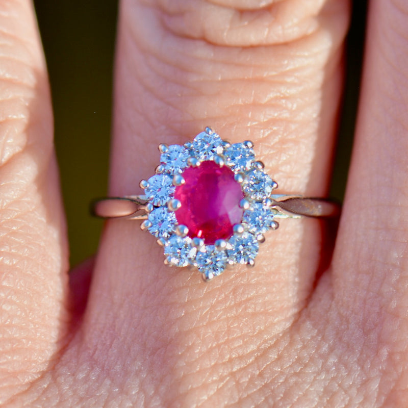 Vintage 2000s Ruby and Diamond 18ct White Gold Halo Ring (1.13cts)