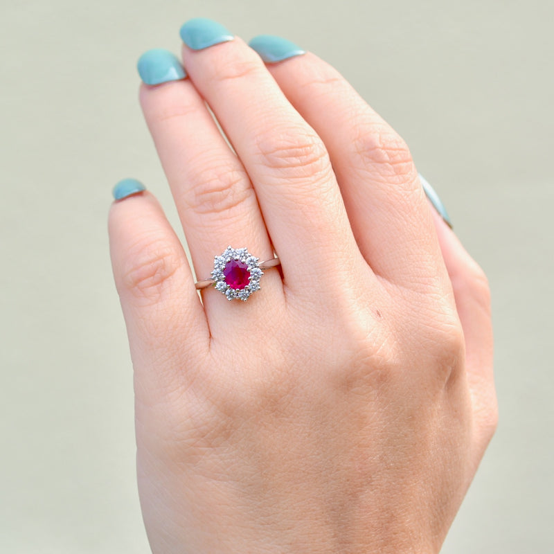 Vintage 2000s Ruby and Diamond 18ct White Gold Halo Ring (1.13cts)