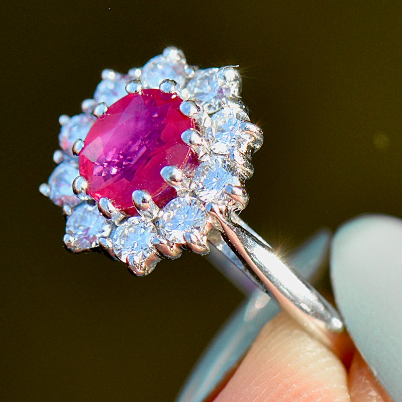 Vintage 2000s Ruby and Diamond 18ct White Gold Halo Ring (1.13cts)