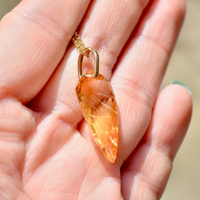 Vintage Golden Yellow Carved Citrine Leaf 14ct Yellow Gold Pendant