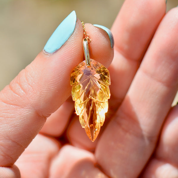 Vintage Golden Yellow Carved Citrine Leaf 14ct Yellow Gold Pendant