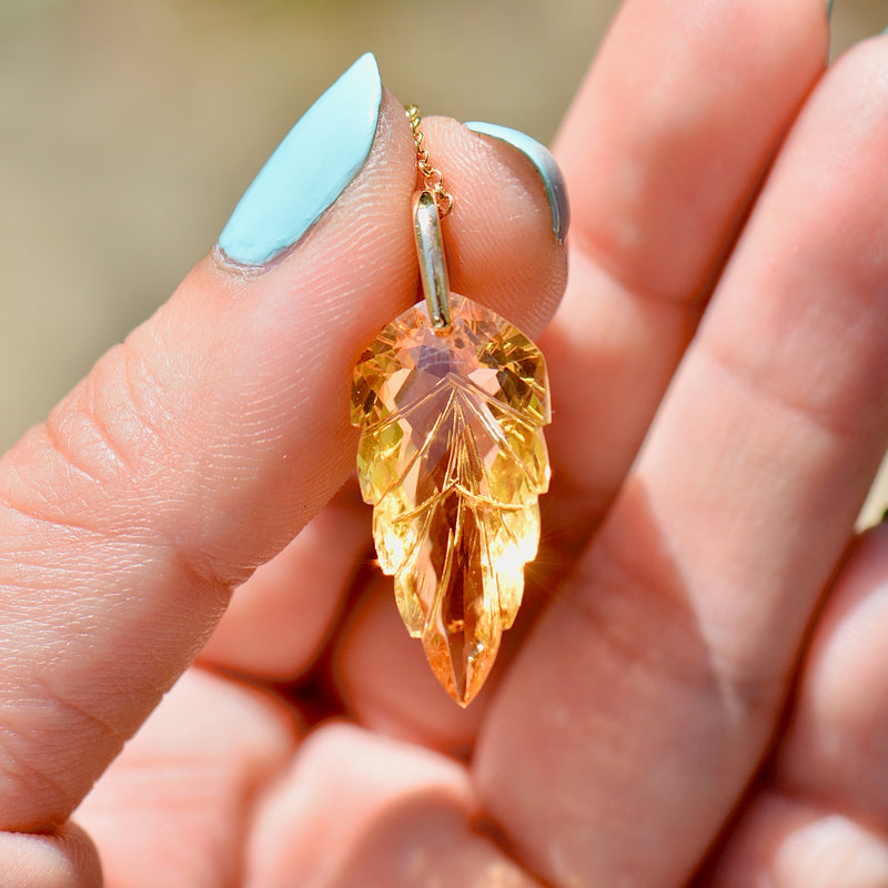 Vintage Golden Yellow Carved Citrine Leaf 14ct Yellow Gold Pendant