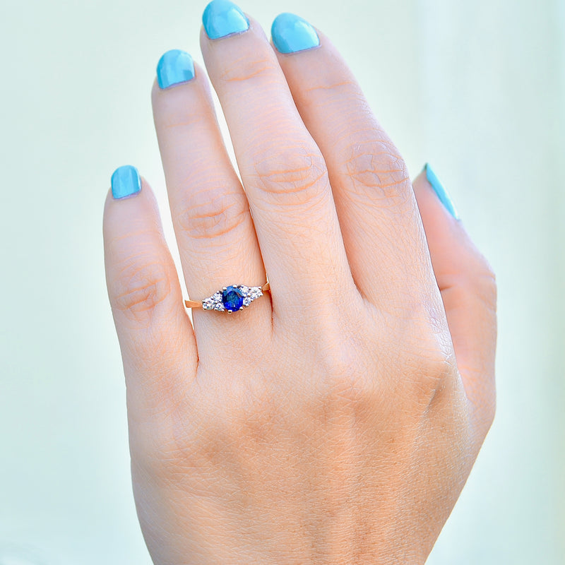 Vintage 1980s Royal Blue Sapphire and Diamond 18ct Yellow Gold Engagement Ring (0.55ct)