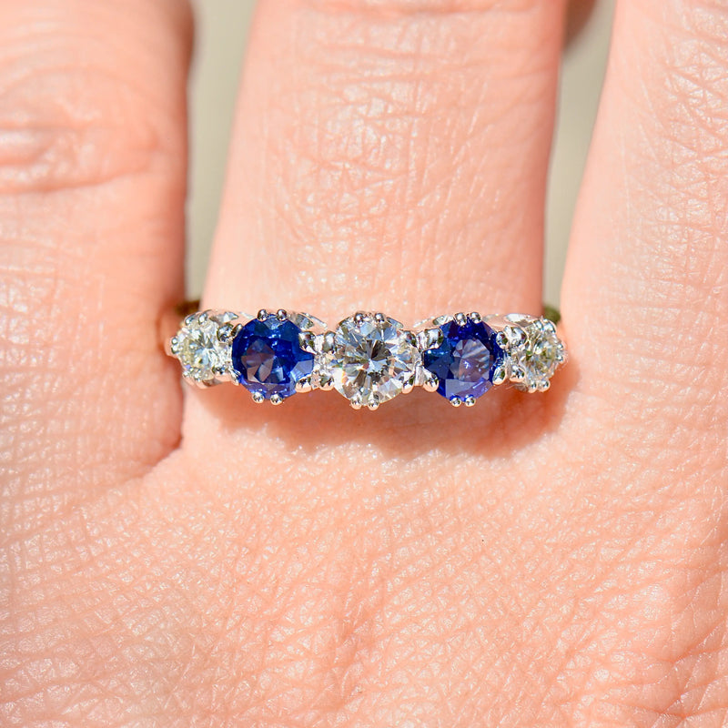 Vintage 1990s Blue Sapphire & Diamonds 18ct Yellow Gold Five-Stone Ring (1.41cts)