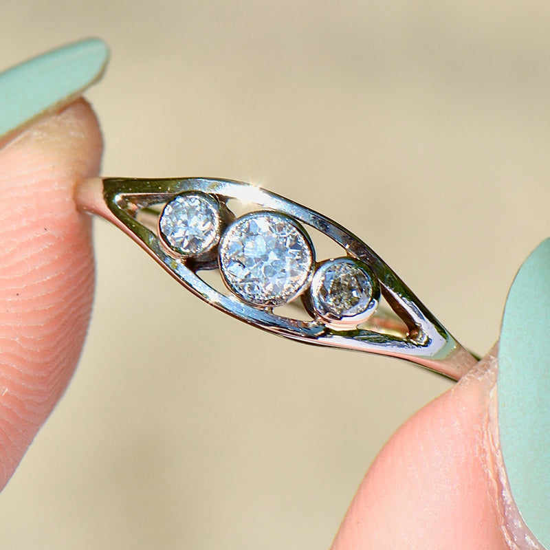 Edwardian Old-Cut Diamond Trilogy Bezel Set 18ct Yellow Gold & Platinum Ring (0.30ct)