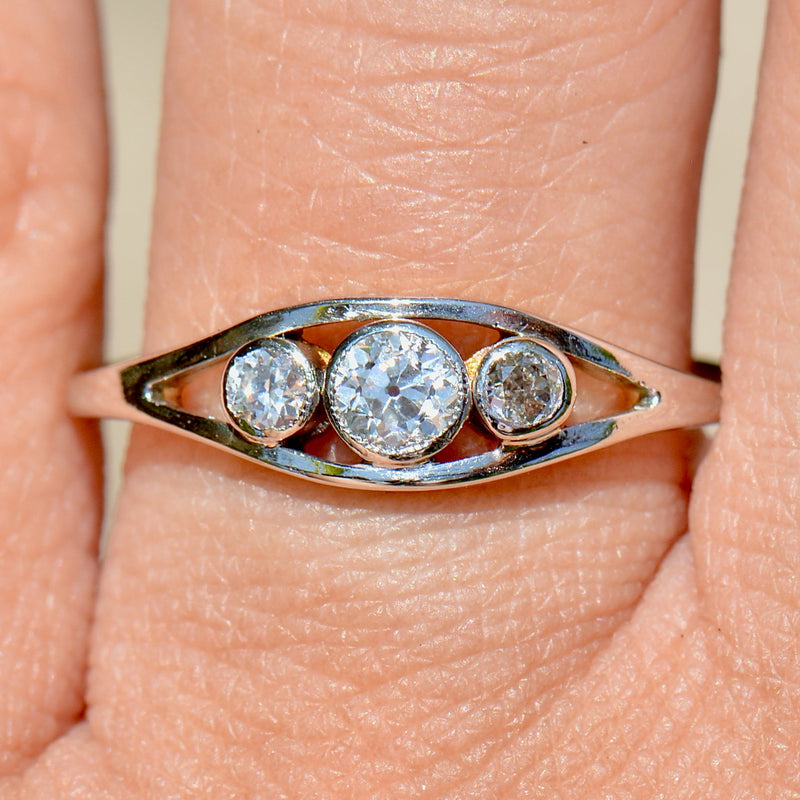 Edwardian Old-Cut Diamond Trilogy Bezel Set 18ct Yellow Gold & Platinum Ring (0.30ct)