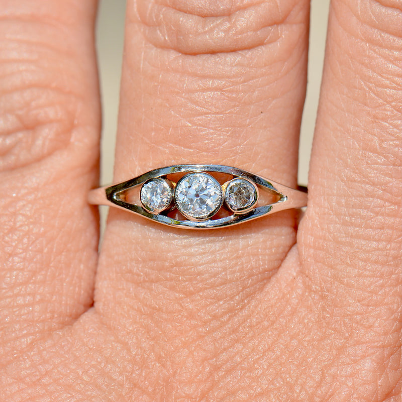 Edwardian Old-Cut Diamond Trilogy Bezel Set 18ct Yellow Gold & Platinum Ring (0.30ct)