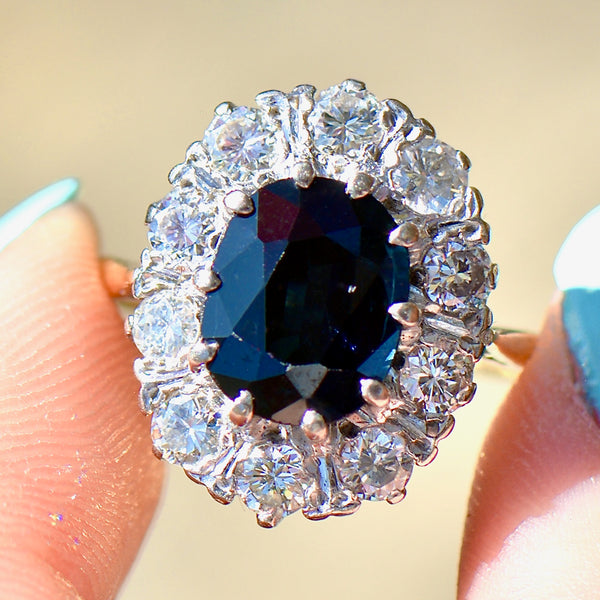 Vintage 1970s Large Sapphire and Diamond 18ct Yellow Gold Halo Ring (4.30cts)