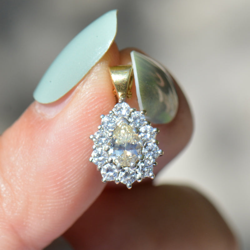 Yellow and White Diamond 18ct Yellow Gold Pear-Shaped Halo Pendant With Complementary Chain (1.11cts)