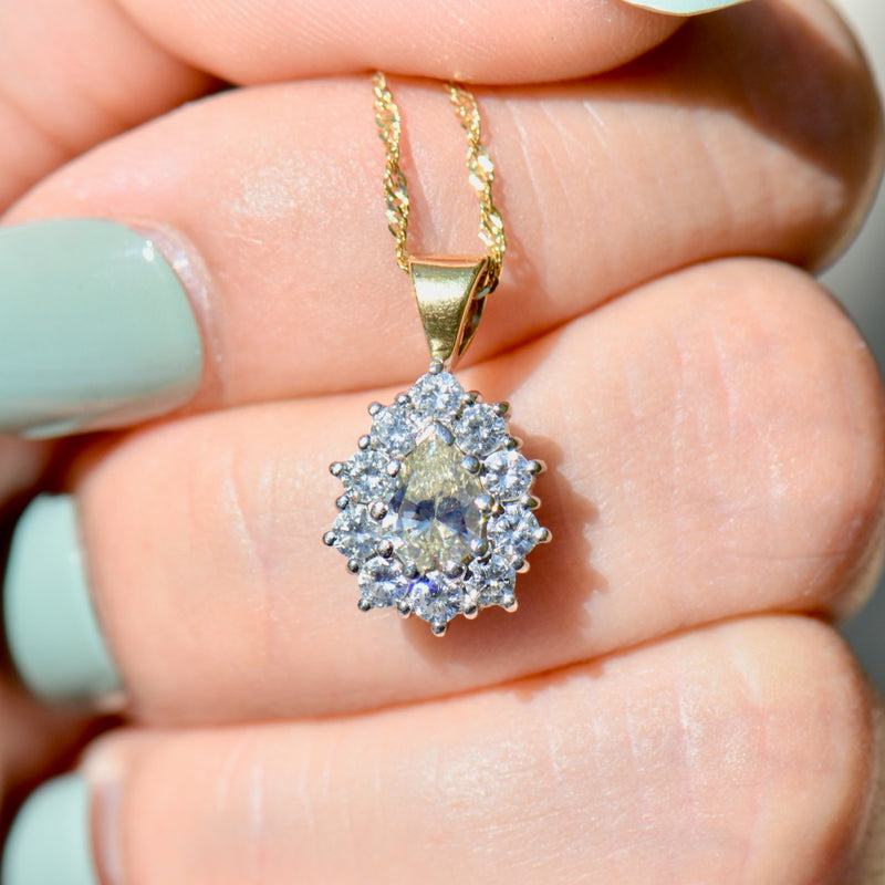 Yellow and White Diamond 18ct Yellow Gold Pear-Shaped Halo Pendant With Complementary Chain (1.11cts)
