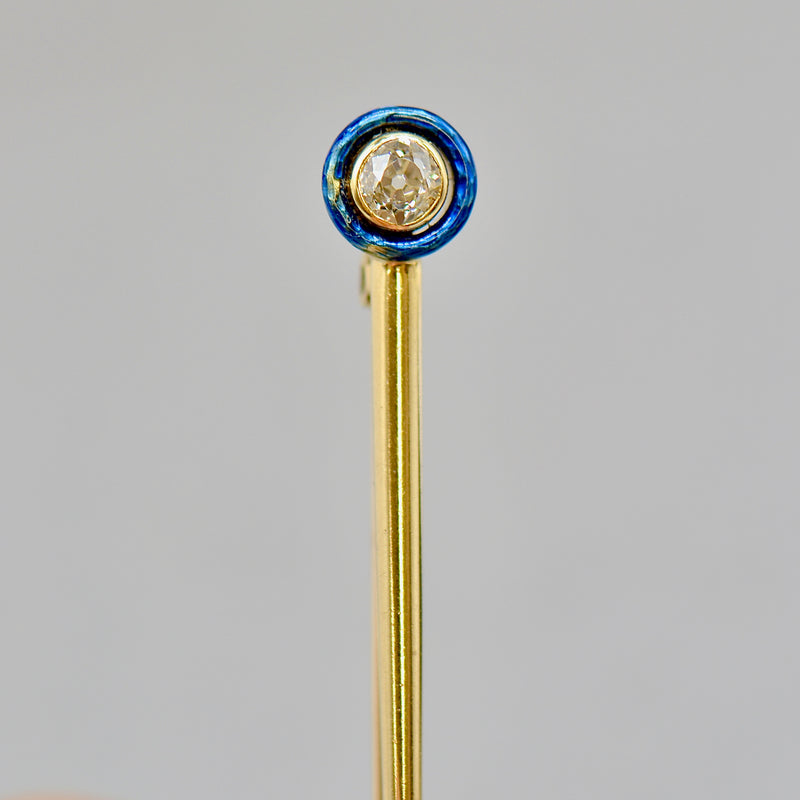 Antique Old European Cut Diamond & Blue Enamel 18ct Gold Safety Pin with Box