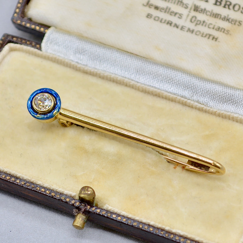 Antique Old European Cut Diamond & Blue Enamel 18ct Gold Safety Pin with Box