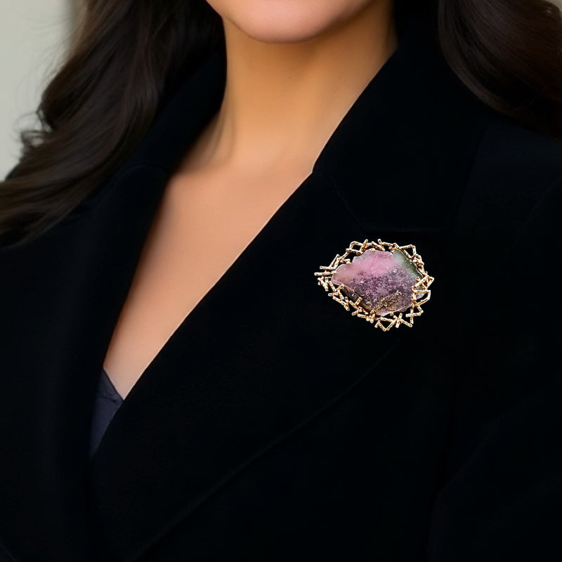 1970s Cropp & Farr Large Watermelon Tourmaline Brooch | 9ct Rose Gold Brutalist Statement Piece
