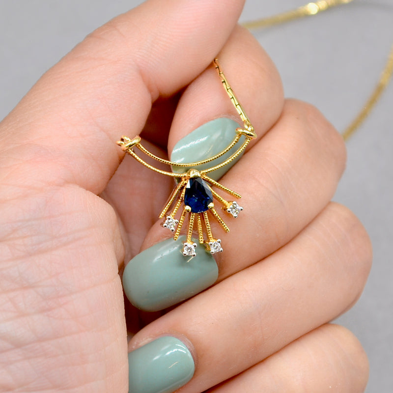 Vintage 1990s Blue Sapphire and Diamond Necklace in 9ct Yellow Gold – Egyptian Revival Inspired