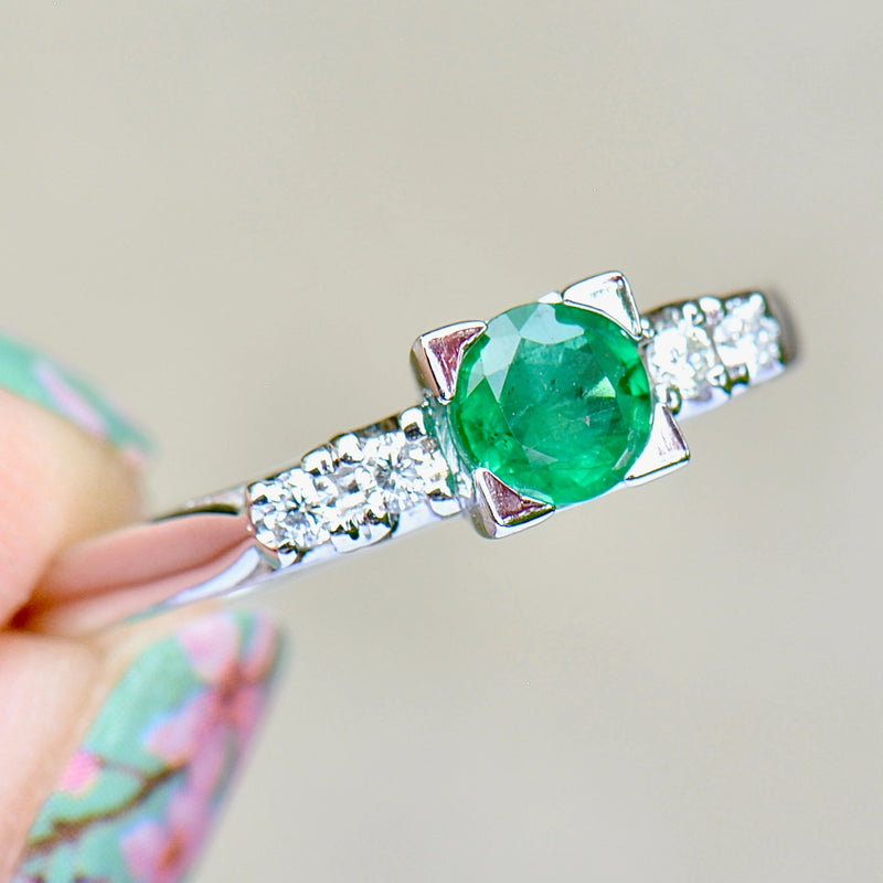Vintage 1960s Emerald and Diamond 18ct White Gold Five-Stone Ring (0.31ct)