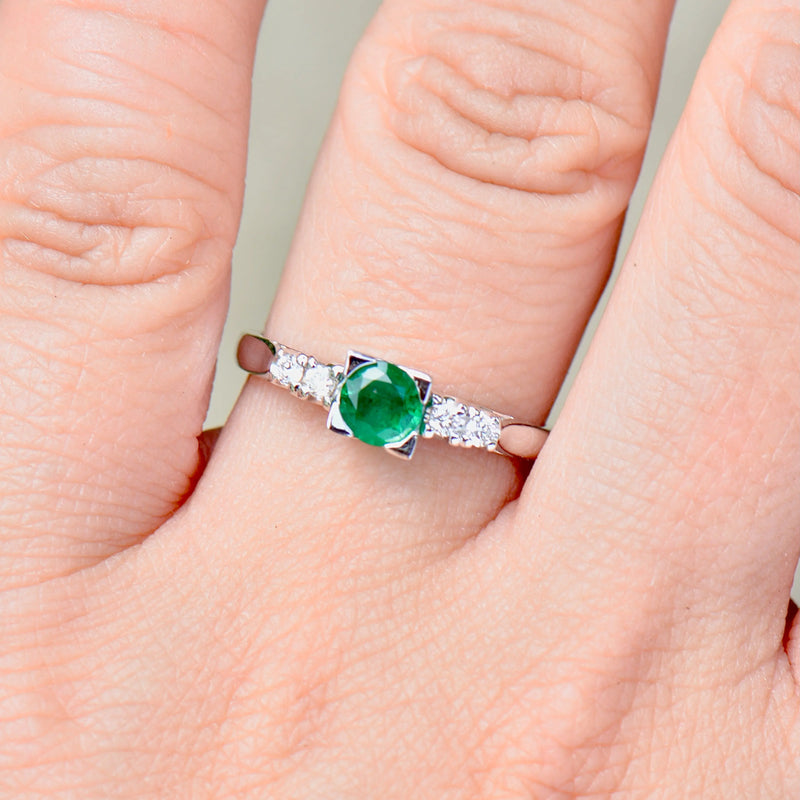 Vintage 1960s Emerald and Diamond 18ct White Gold Five-Stone Ring (0.31ct)