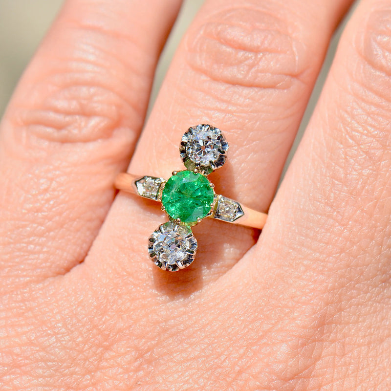 Antique Belle Epoque Emerald and OMC Diamonds 18ct Yellow Gold & Platinum Ring