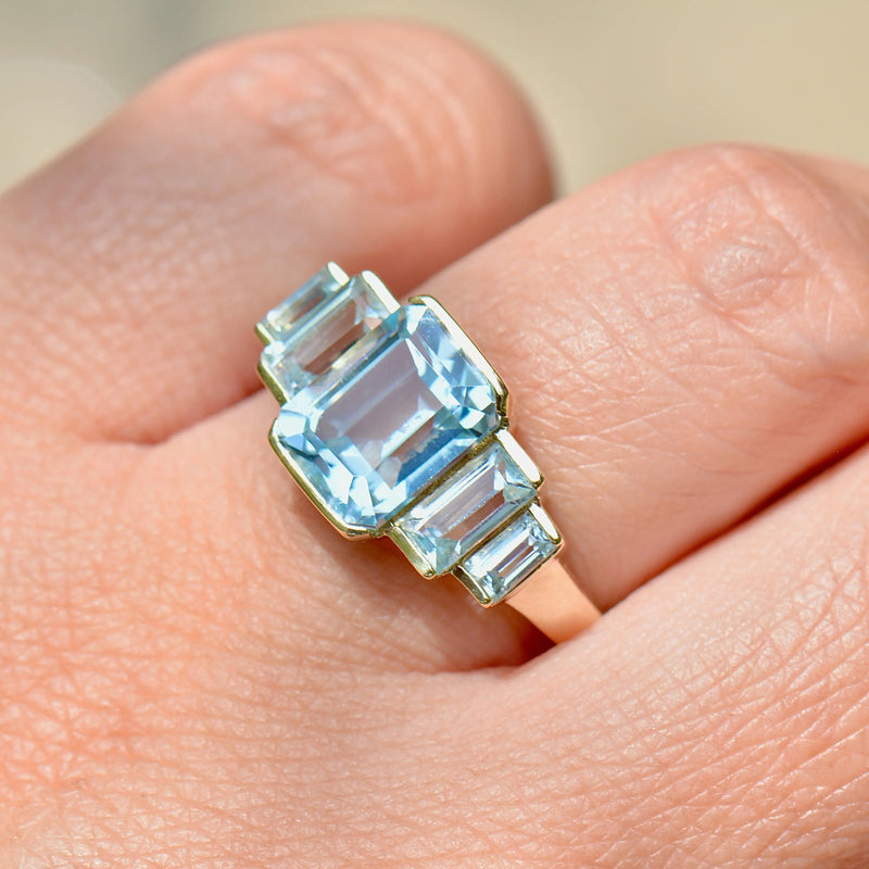 Sky Blue Topaz 9ct Yellow Gold Five-Stone Dress Ring (4.21cts)