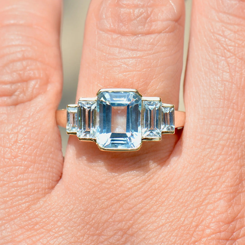 Sky Blue Topaz 9ct Yellow Gold Five-Stone Dress Ring (4.21cts)