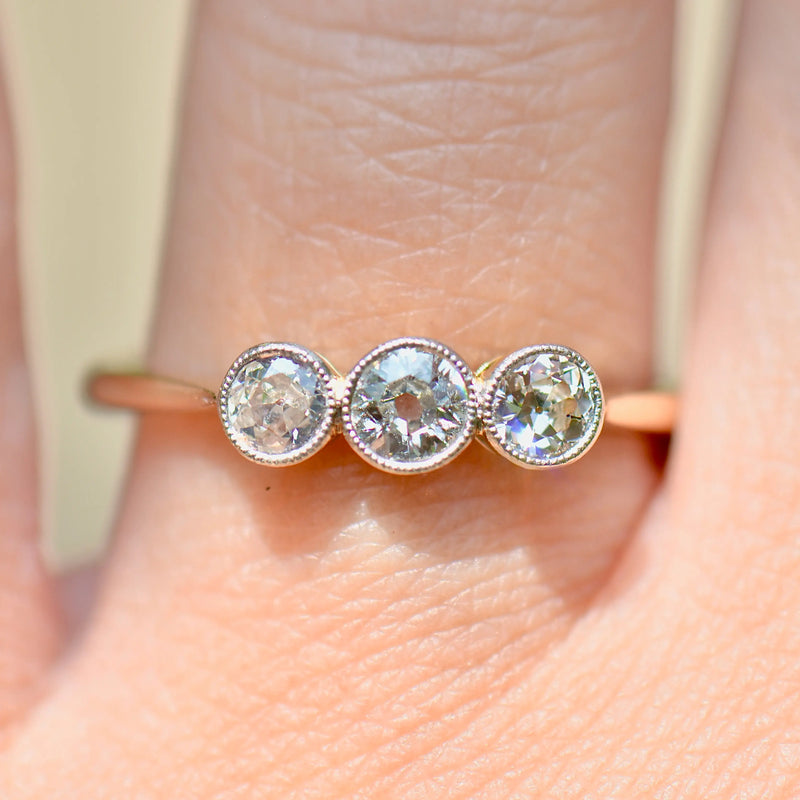 Edwardian Old-Cut Diamonds 18ct Yellow Gold & Platinum Trilogy Engagement Ring (0.42ct)