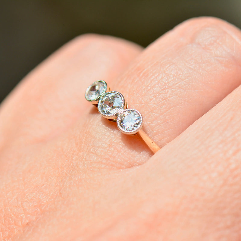 Edwardian Old-Cut Diamonds 18ct Yellow Gold & Platinum Trilogy Engagement Ring (0.42ct)