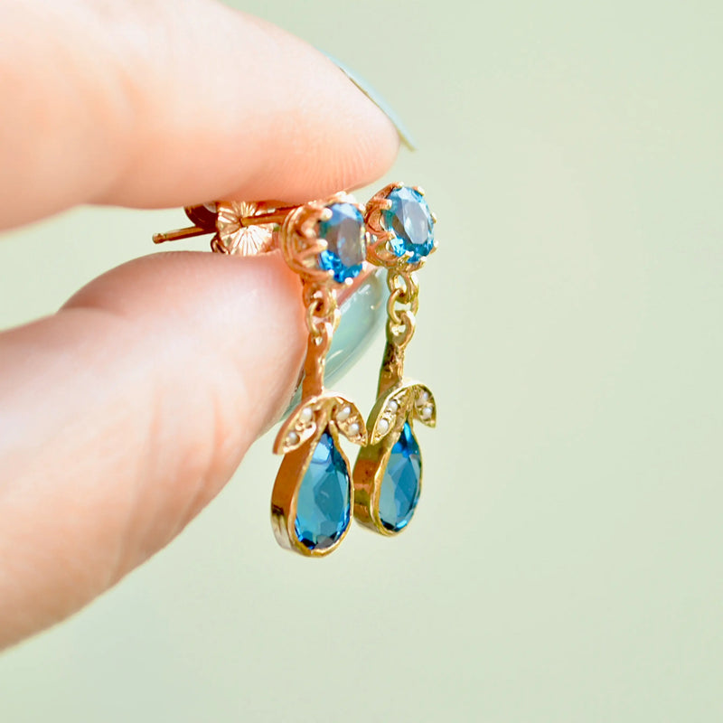Edwardian Style London Blue Topaz and Seed Pearl 9ct Yellow Gold Drop Earrings