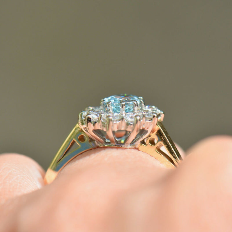 Vintage Aquamarine & Diamond 18ct Gold Halo Engagement Ring (1.35cts)