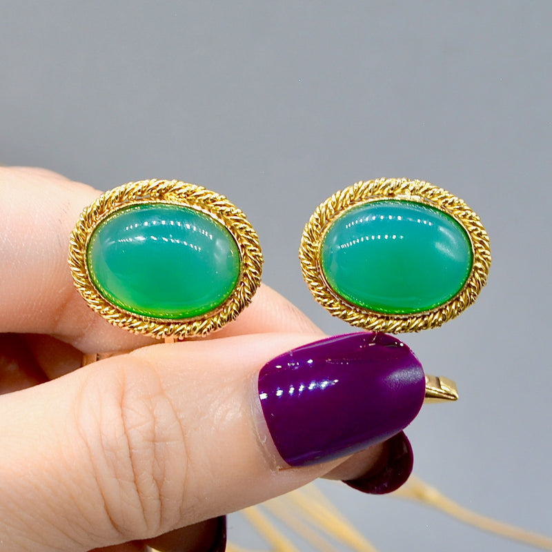 Vintage 1950s Green Chrysoprase Gold Cufflinks