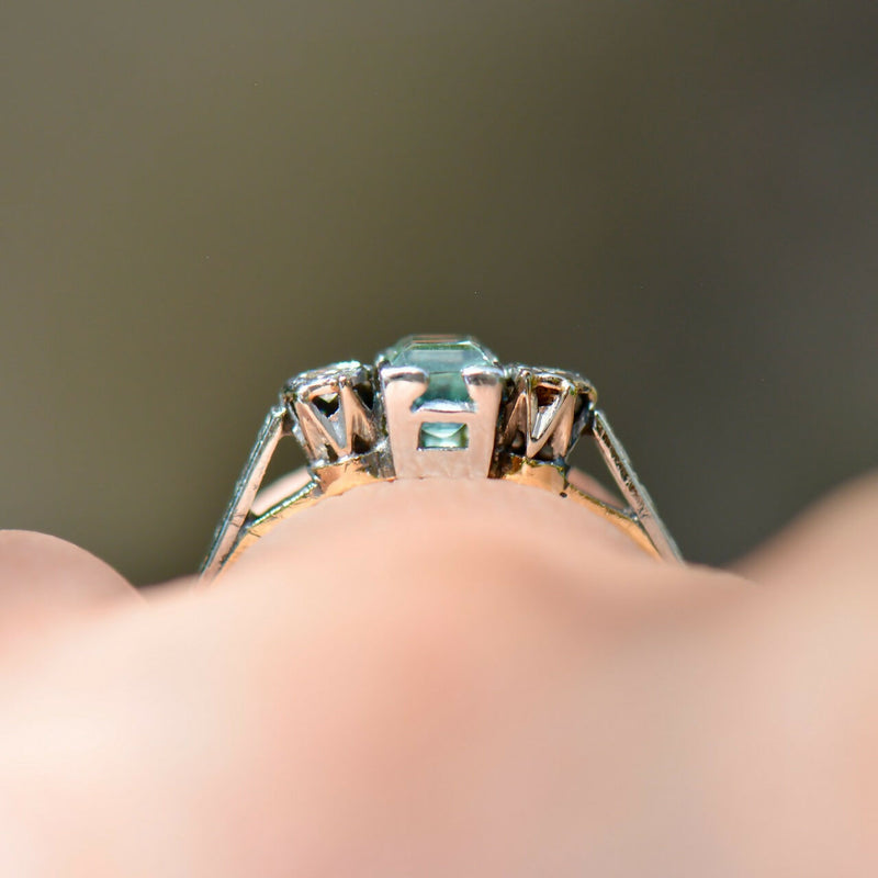 Art Deco 18CT Yellow Gold & Platinum Trilogy Aquamarine & Diamond Engagement Ring