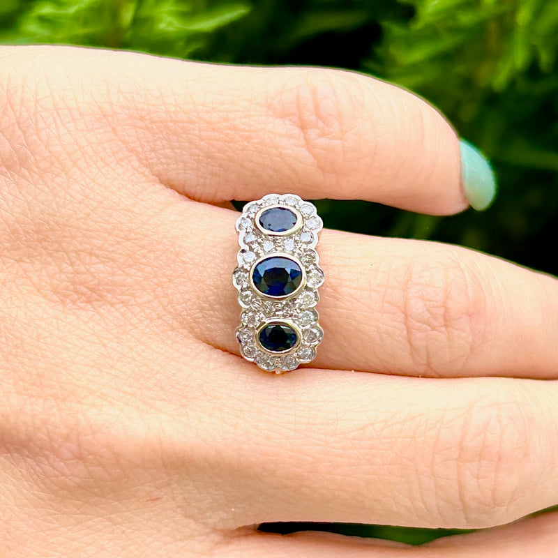 Vintage Sapphire & Diamond Triple Cluster 18ct Yellow Gold Ring