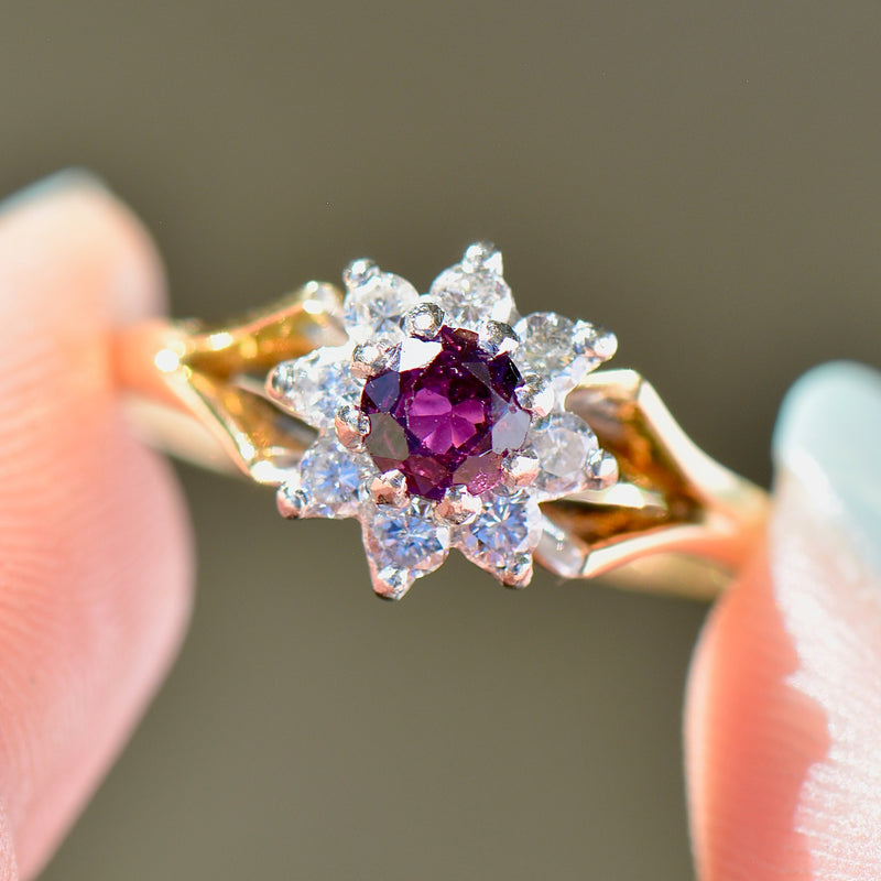 Vintage Ruby & Diamond 18ct Yellow Gold Daisy Halo Ring (0.82ct)