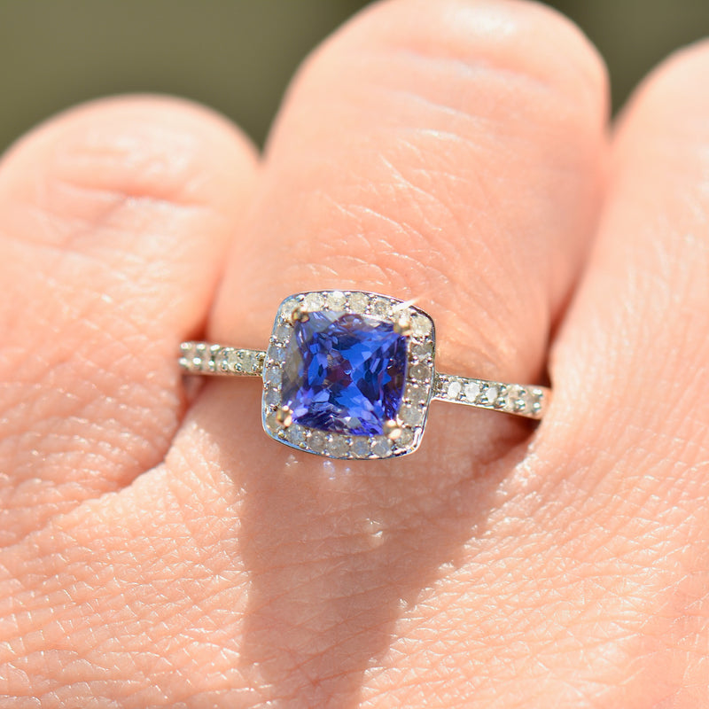 AAA Tanzanite and Diamond 9ct Yellow Gold Cushion Halo Ring (1.66cts)