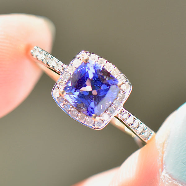 AAA Tanzanite and Diamond 9ct Yellow Gold Cushion Halo Ring (1.66cts)