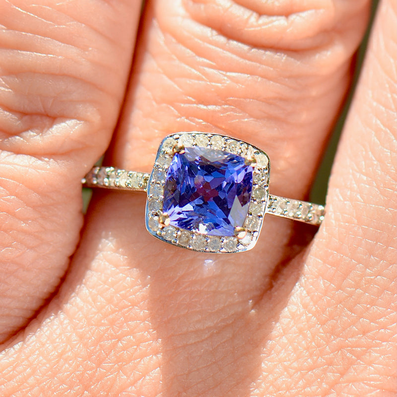 AAA Tanzanite and Diamond 9ct Yellow Gold Cushion Halo Ring (1.66cts)