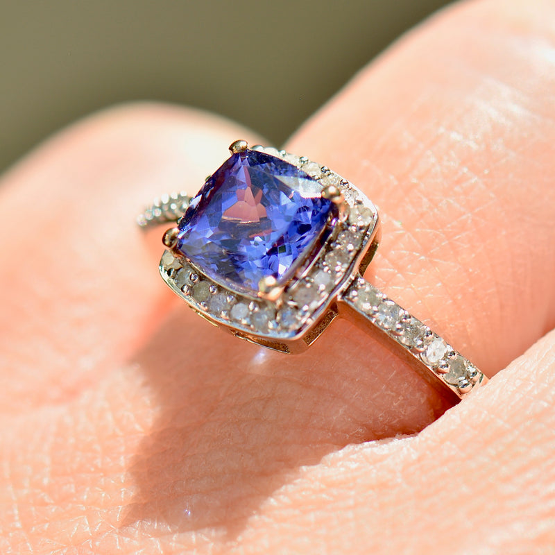 AAA Tanzanite and Diamond 9ct Yellow Gold Cushion Halo Ring (1.66cts)