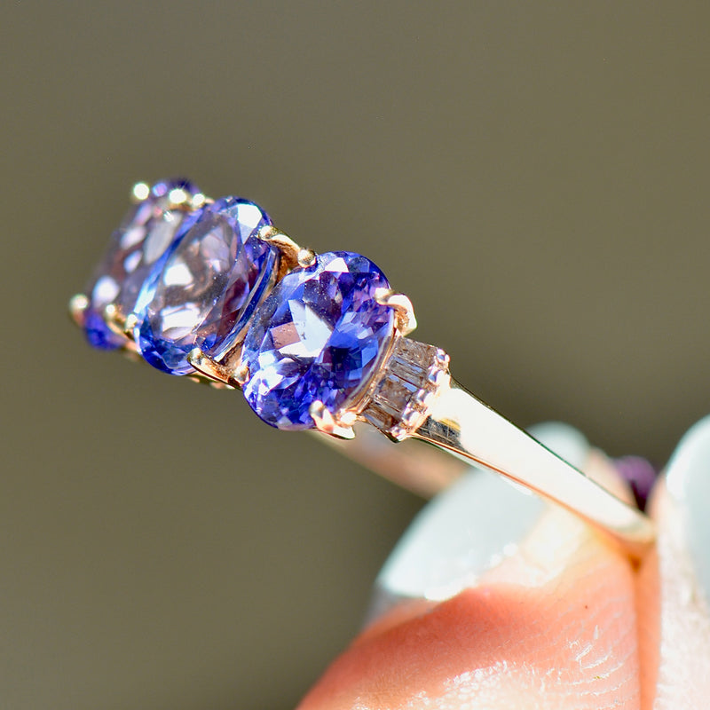 AAA Tanzanite and Diamond 9ct Yellow Gold Trilogy Ring (2.51cts)