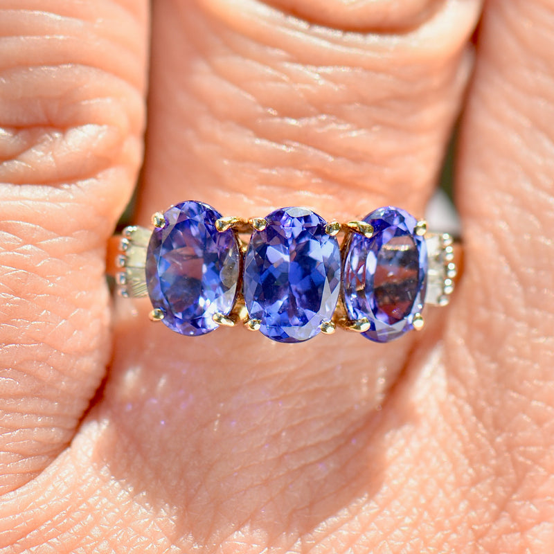 AAA Tanzanite and Diamond 9ct Yellow Gold Trilogy Ring (2.51cts)