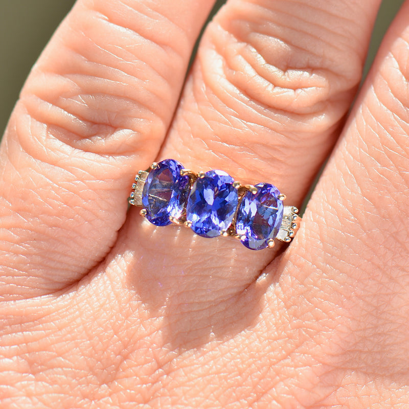 AAA Tanzanite and Diamond 9ct Yellow Gold Trilogy Ring (2.51cts)