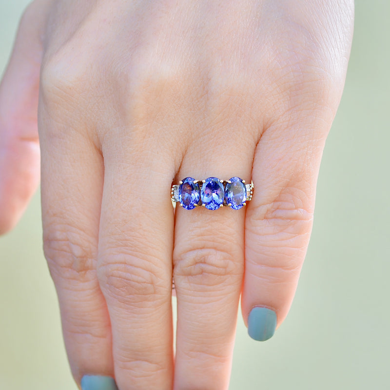 AAA Tanzanite and Diamond 9ct Yellow Gold Trilogy Ring (2.51cts)