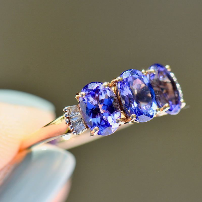 AAA Tanzanite and Diamond 9ct Yellow Gold Trilogy Ring (2.51cts)